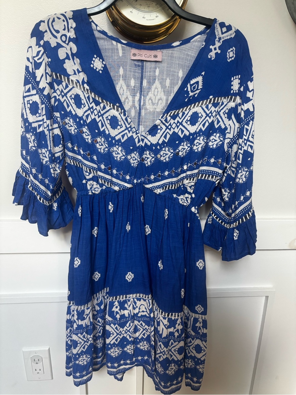 Pita Cult Blue and White Printed V-Neck Tunic Dress